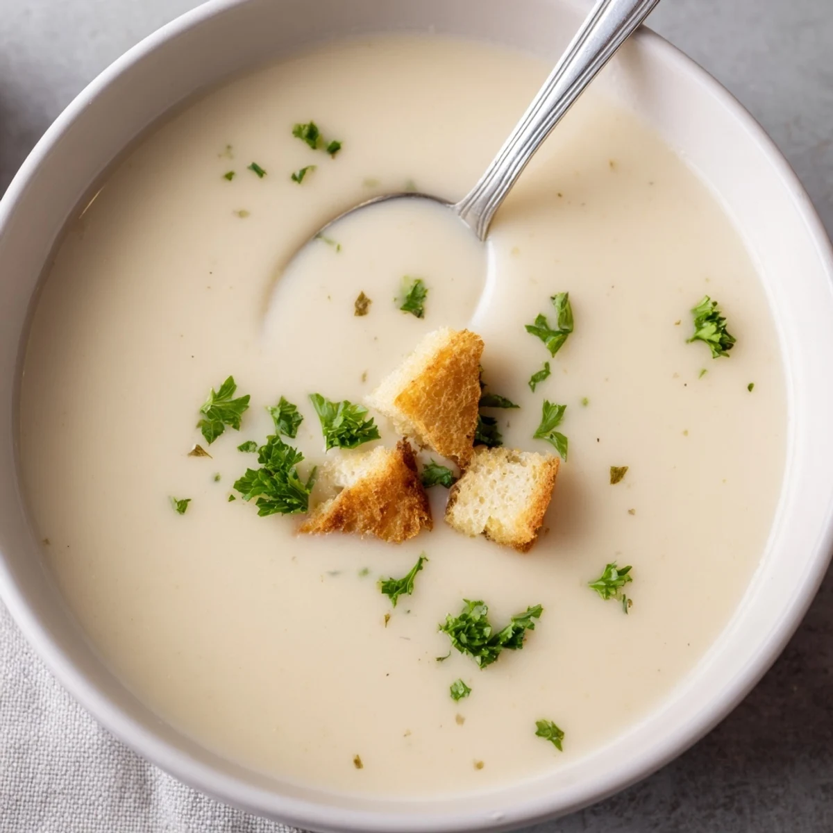 A bowl of roasted garlic soup garnished with fresh parsley, showcasing a rich, creamy texture from the blended potatoes and roasted garlic cloves.  