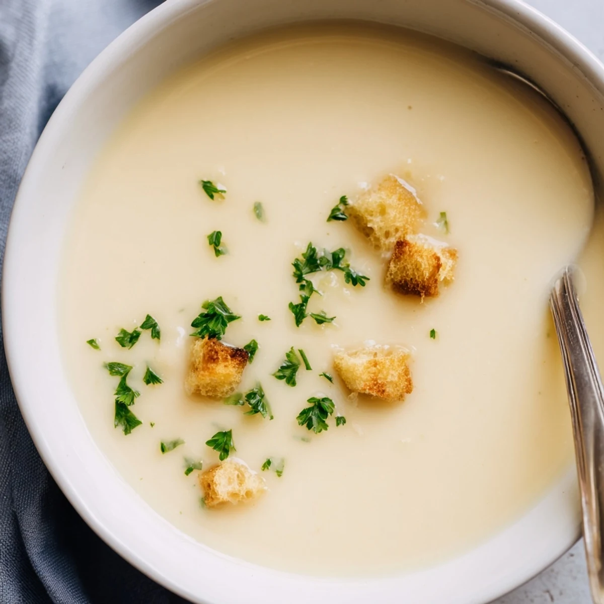 Golden roasted garlic soup simmering in a pot, with a ladle ready to serve alongside crusty bread for dipping.  