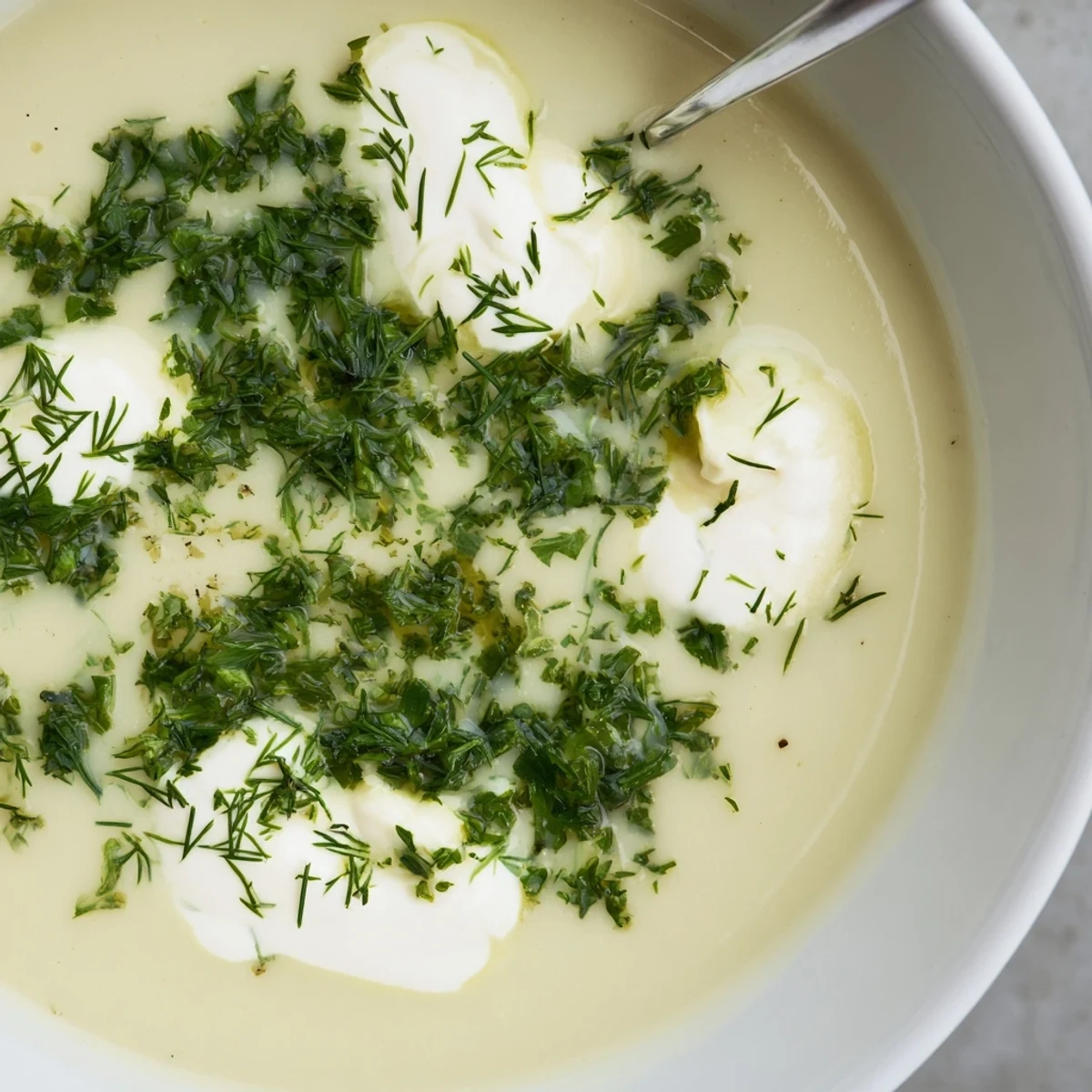Golden roasted parsnip and herb soup, velvety smooth and served steaming in a rustic bowl with fresh parsley and chives.