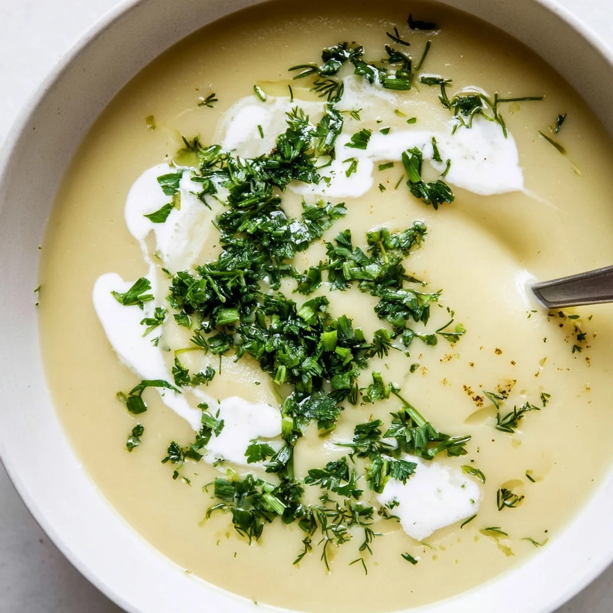 Ladle of rich parsnip and herb soup over a golden swirl of cream, topped with fresh dill and tarragon.