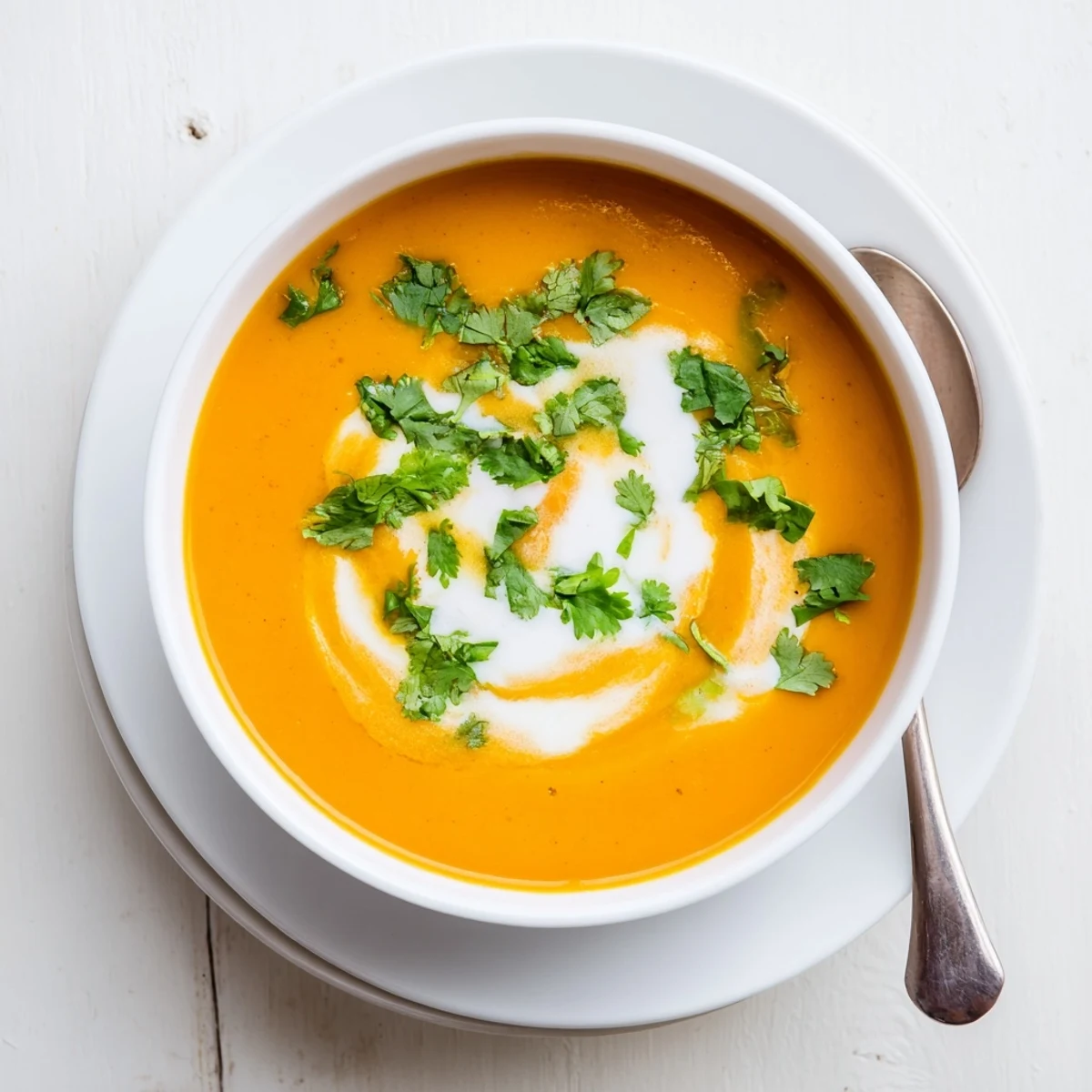 A bowl of vibrant carrot ginger soup garnished with fresh cilantro and a swirl of coconut cream.