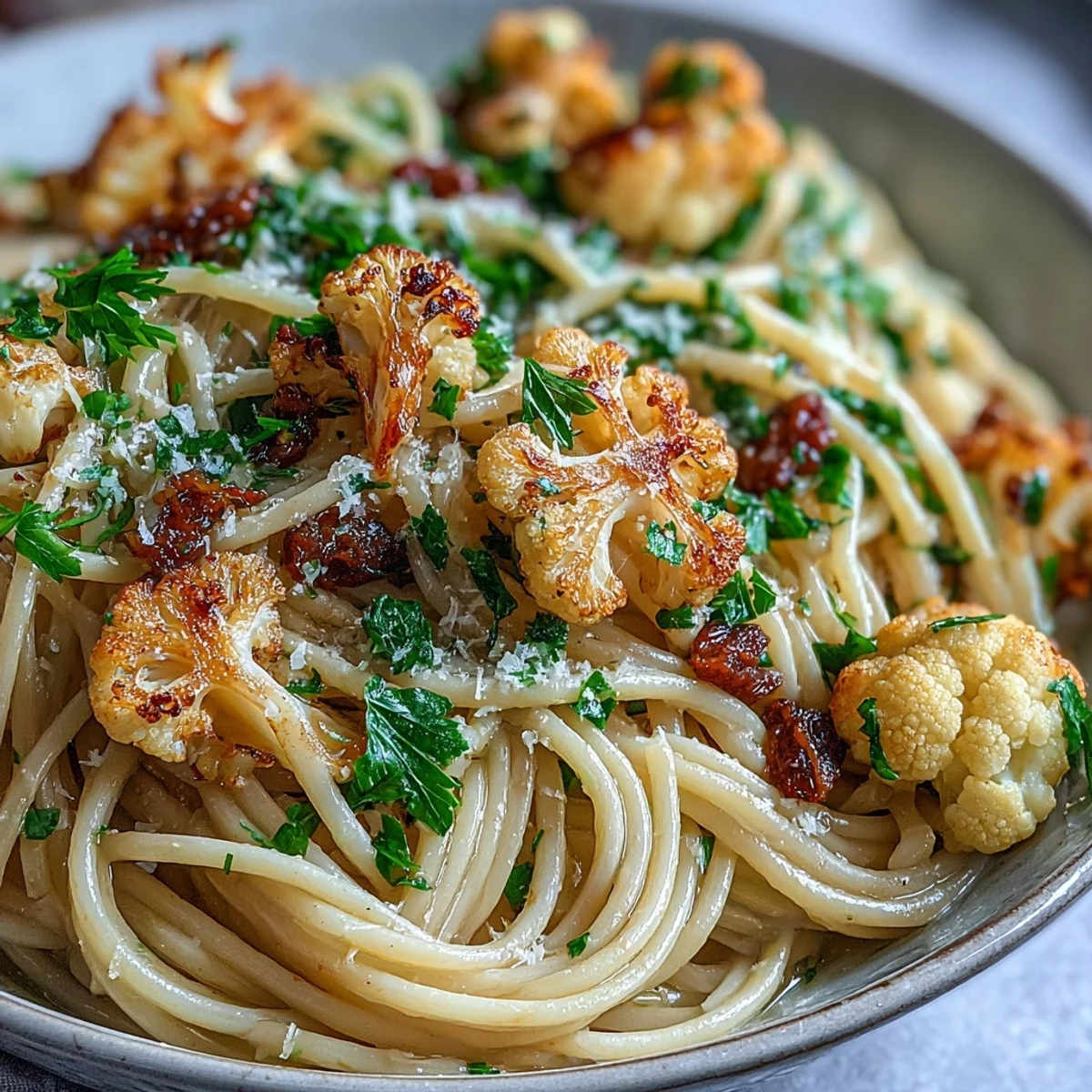 Plated with fresh parsley and lemon zest, this pescatarian Cauliflower, Anchovy and Raisin Spaghetti is a vibrant weeknight meal.
