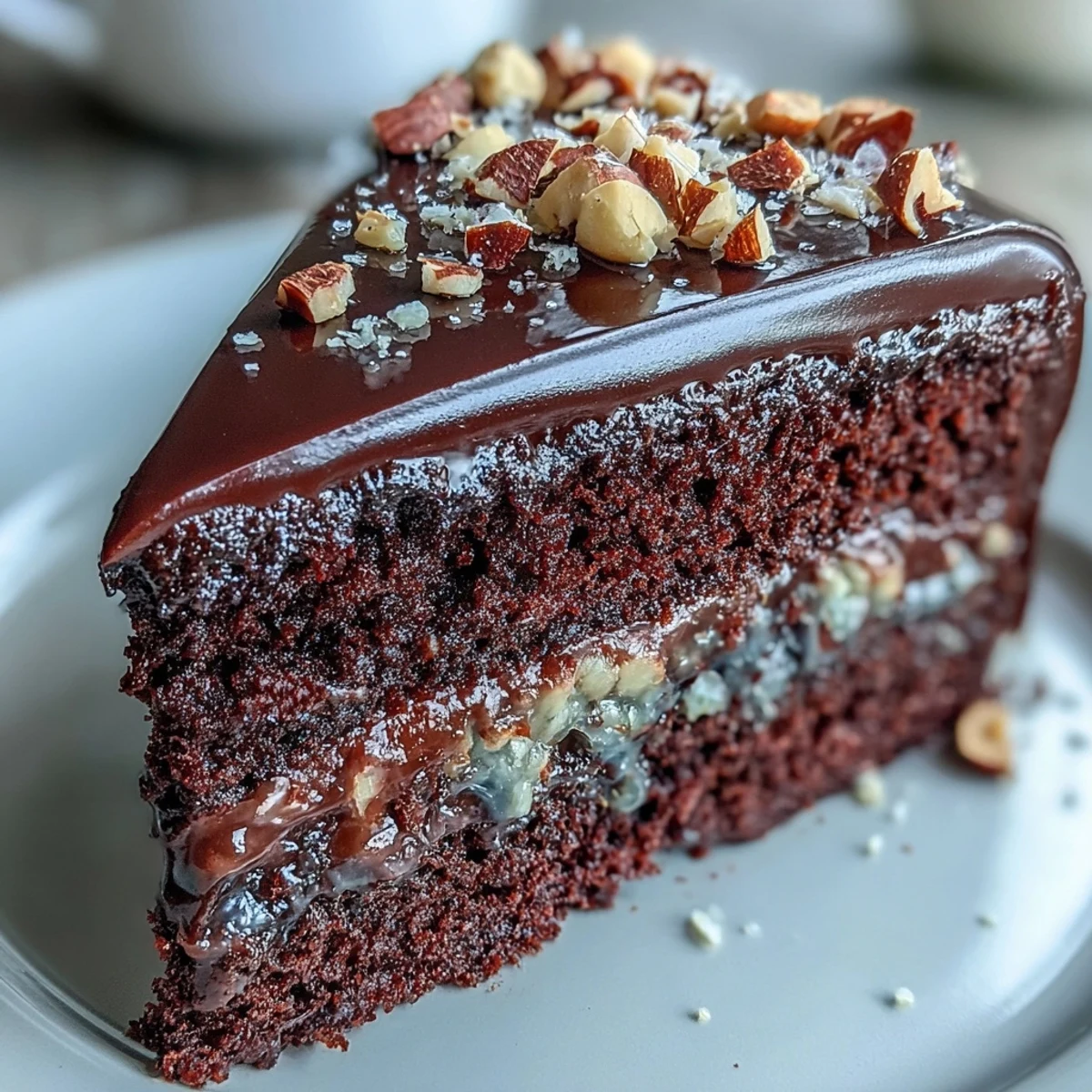 Freshly baked Chocolate Celebration Cake layered with silky ganache and crunchy hazelnut praline on a rustic wooden table.