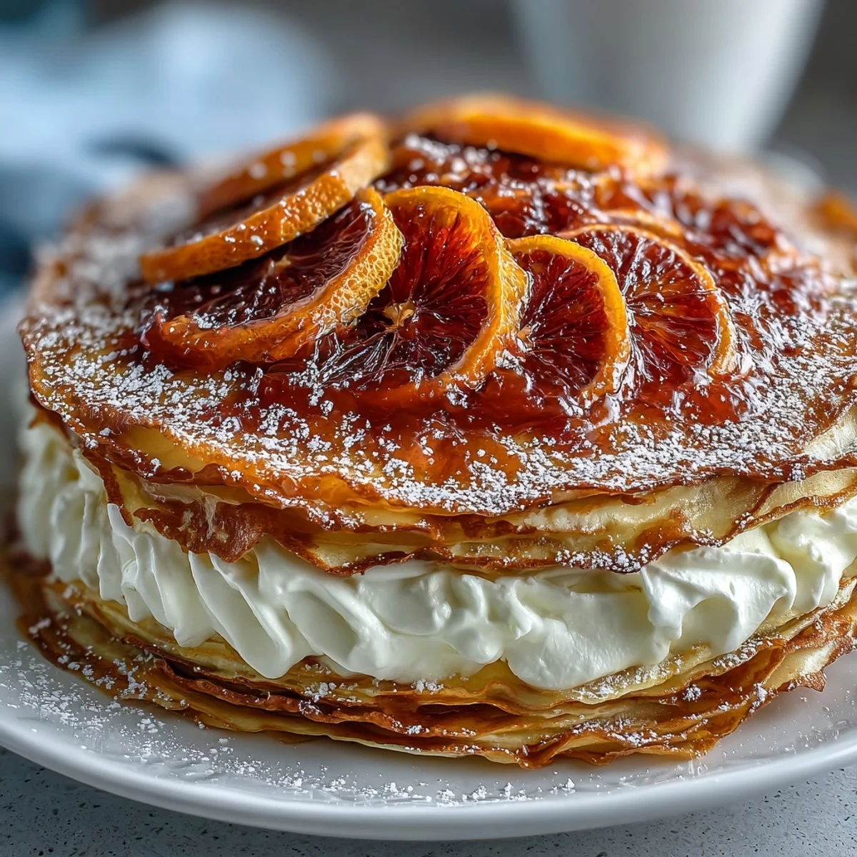 A finished Blood Orange Curd Crêpe Cake displays thin crêpe layers with vibrant orange curd and fluffy whipped cream, topped with fresh blood orange slices and zest.