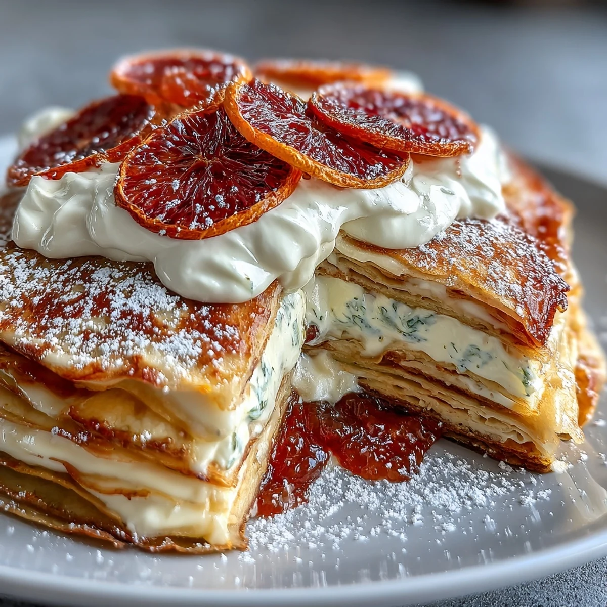 Close-up slice of Blood Orange Curd Crêpe Cake reveals alternating delicate crêpes and tangy blood orange curd, with a dollop of whipped cream and powdered sugar dusting.
