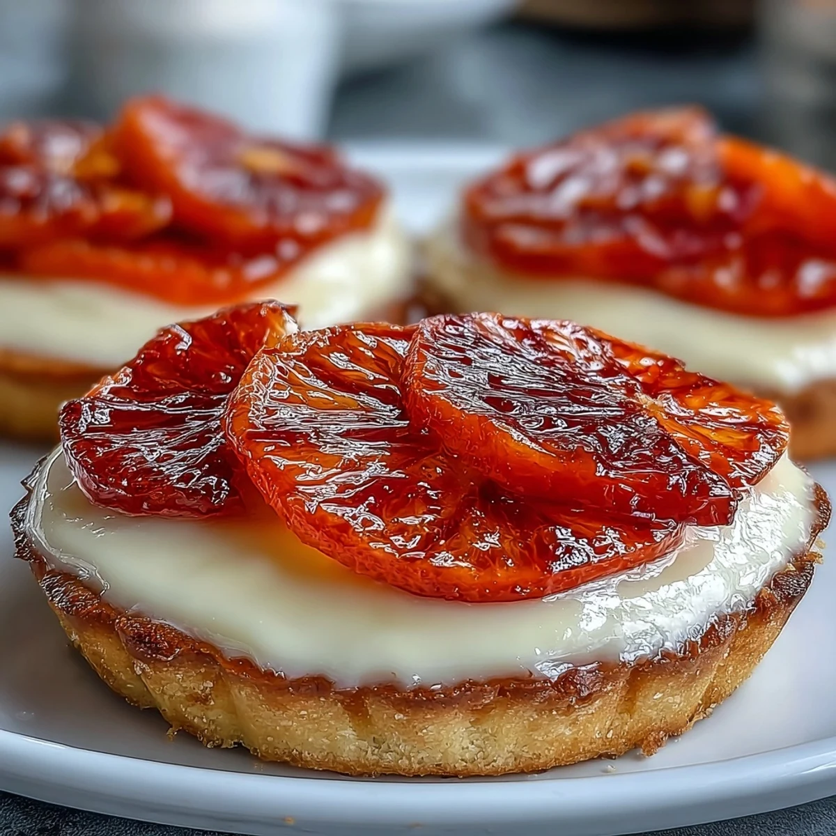 A freshly assembled Blood Orange Tart topped with glossy, overlapping blood orange slices, ready to slice and serve.