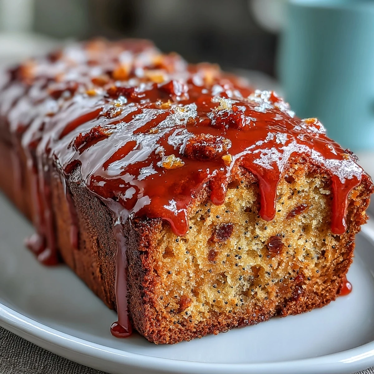 Homemade Blood Orange Loaf Cake drizzled with sweet glaze and topped with fresh blood orange slices on a rustic table.