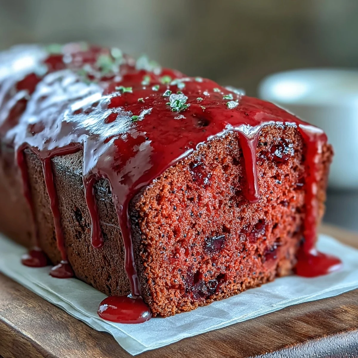Warm Blood Orange Loaf Cake with poppy seeds and marzipan served with tea on a bright, sunlit kitchen counter.