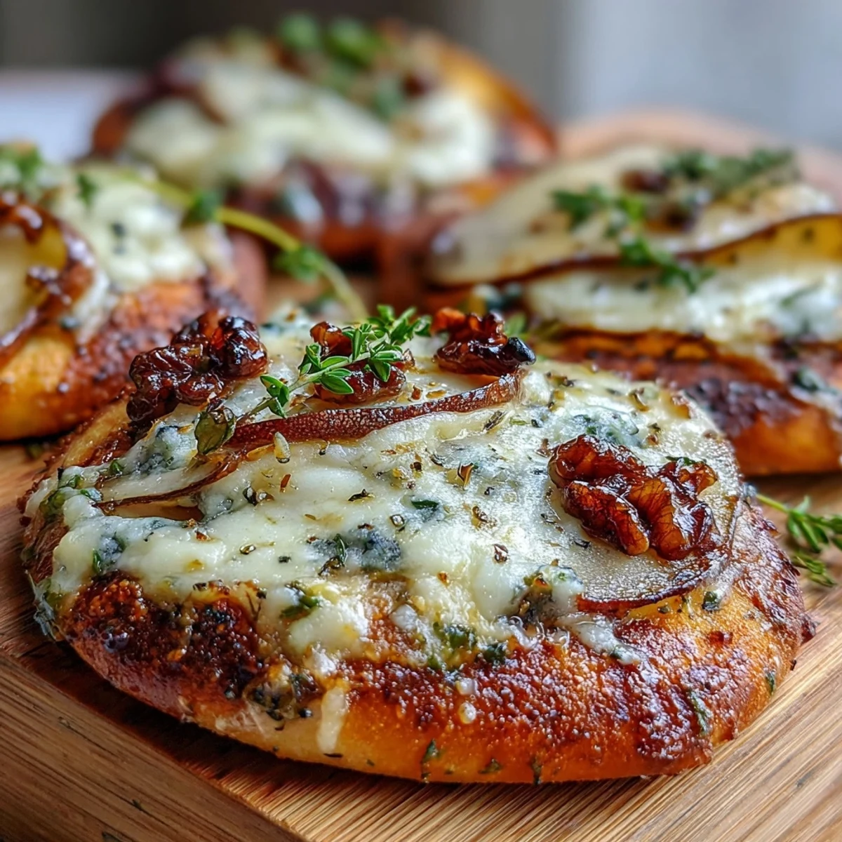 Three warm, ready-to-serve pizzettes with pear and Gorgonzola arranged on a white plate, garnished with fresh arugula and a honey drizzle.