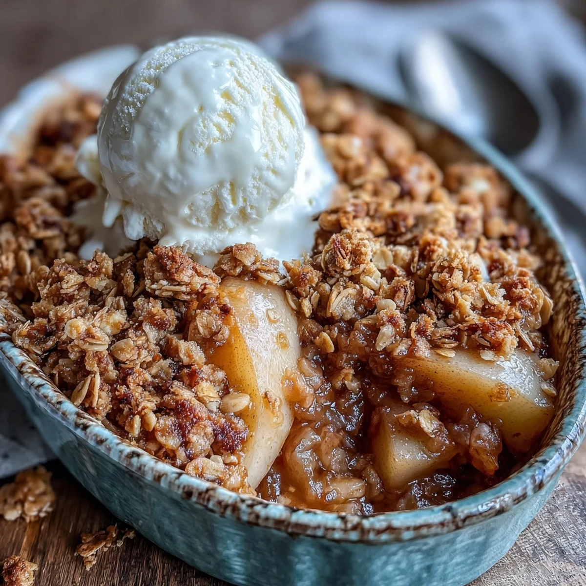 Warm Pear Crumble bubbling from the oven, featuring tender pears and a golden, crunchy oat topping.