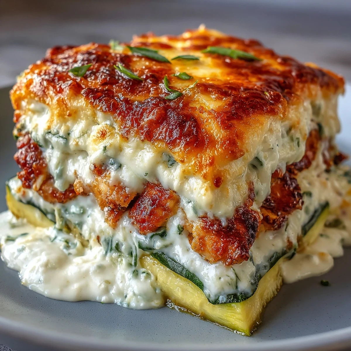 Close-up shot of the High Protein Chicken Zucchini Bake showing a creamy Greek yogurt blend and golden Parmesan topping.