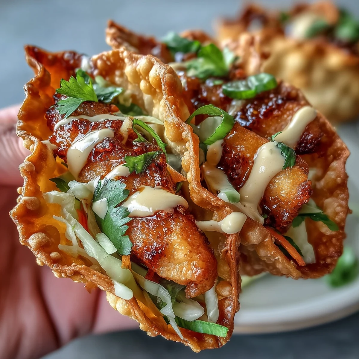Golden, crunchy wonton taco shells filled with ginger-marinated chicken, tangy slaw, and drizzled with creamy sriracha mayo.