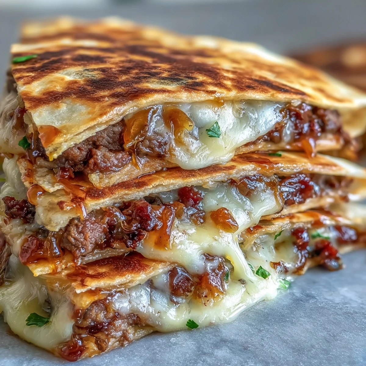 Steam rises from a freshly cut Cheesy Griddled Smashburger Quesadilla, showcasing crispy tortilla edges and a punchy mayo-mustard sauce drizzled over the melted cheese.