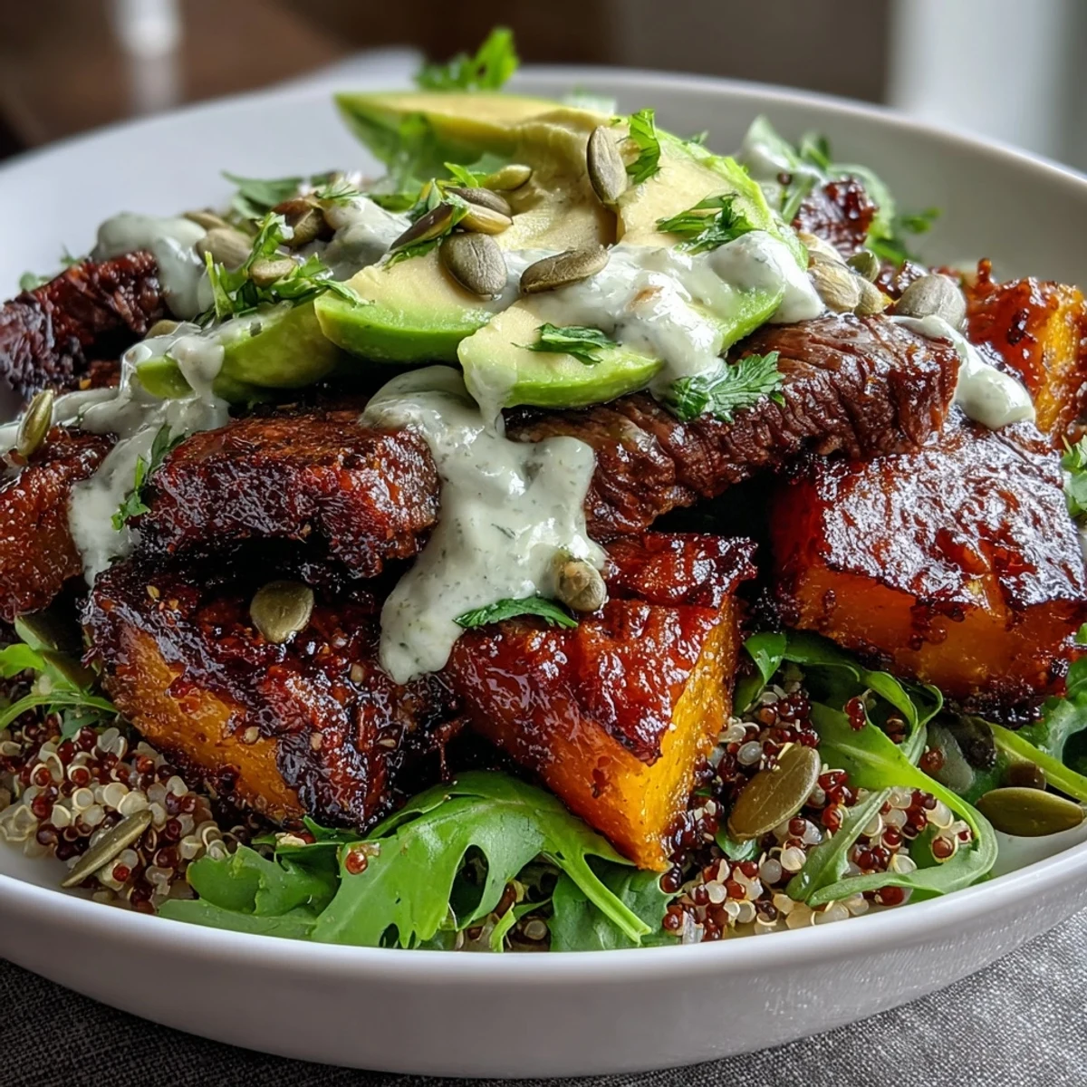 Vibrant Butternut Squash Steak Bowls layered with avocado, greens, and pepitas, ready for a hearty gluten-free dinner.