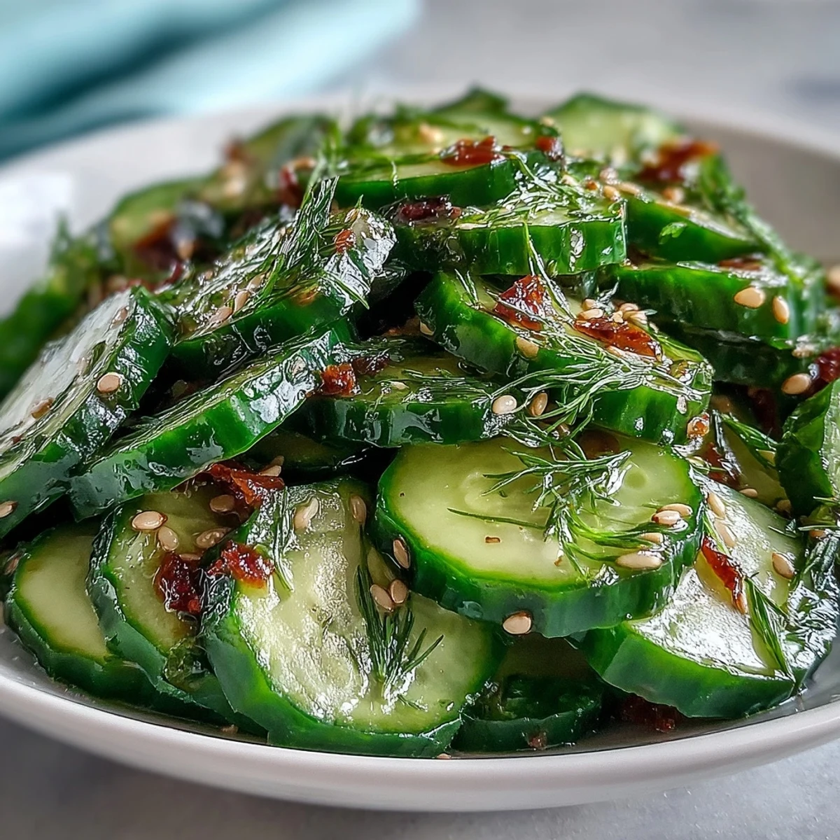 Cool cucumbers are tossed in a tangy vinegar dressing and topped with sesame seeds in this side dish.
