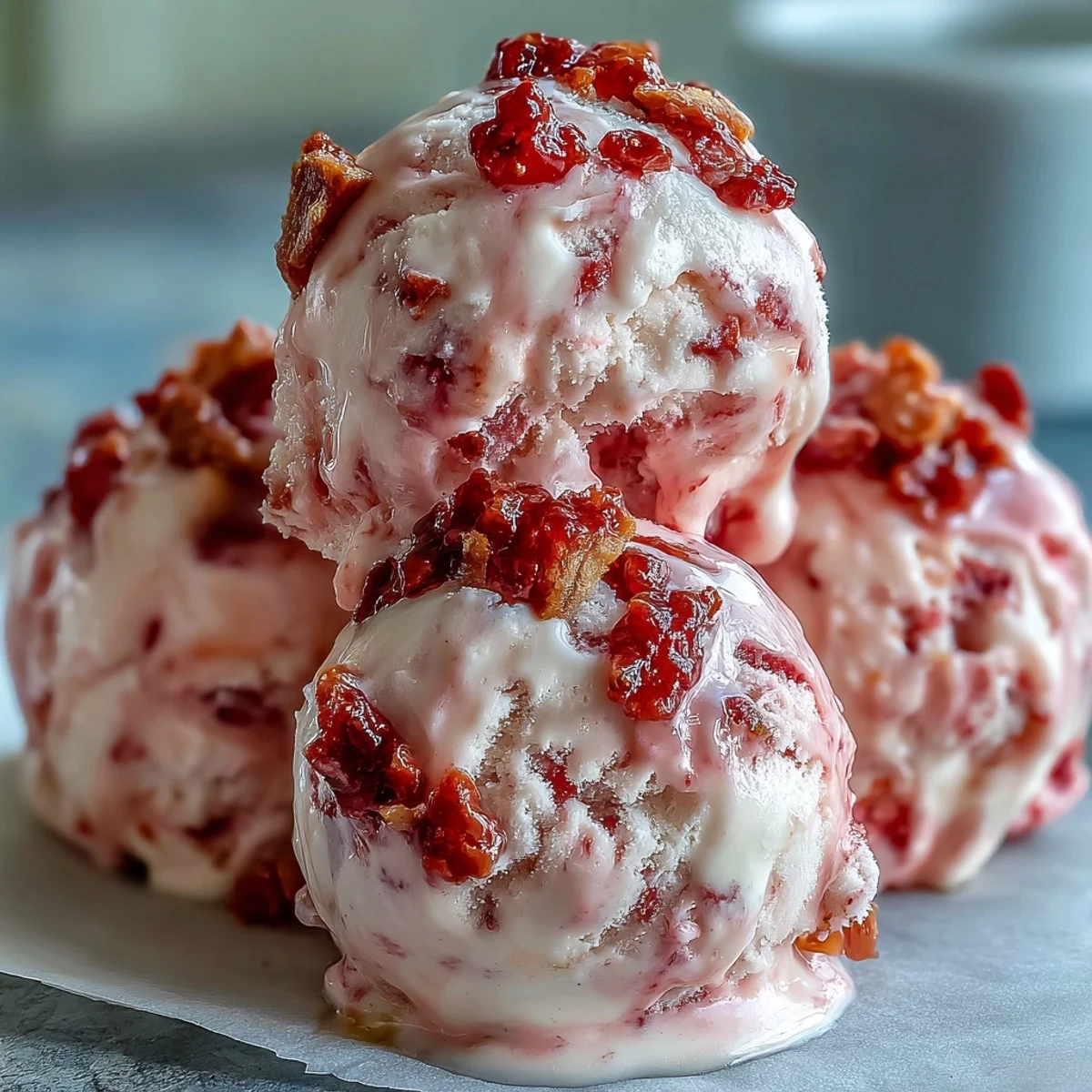 Close-up of creamy Strawberry & Banana Yoghurt Clusters showing a strawberry swirl and banana chips.