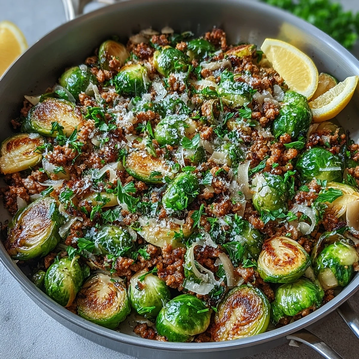 A one-pan skillet of crisp-edged Brussels sprouts and seasoned ground turkey garnished with fresh parsley and grated Parmesan.
