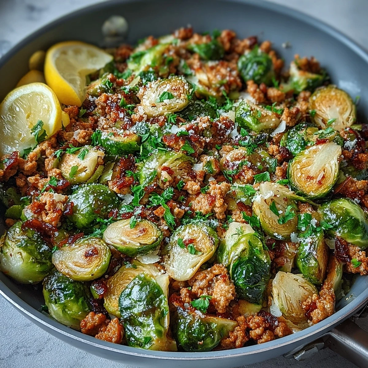 Garlic-infused Brussels sprouts and ground turkey mingle in a skillet, brightened with lemon juice and ready for a hearty dinner.