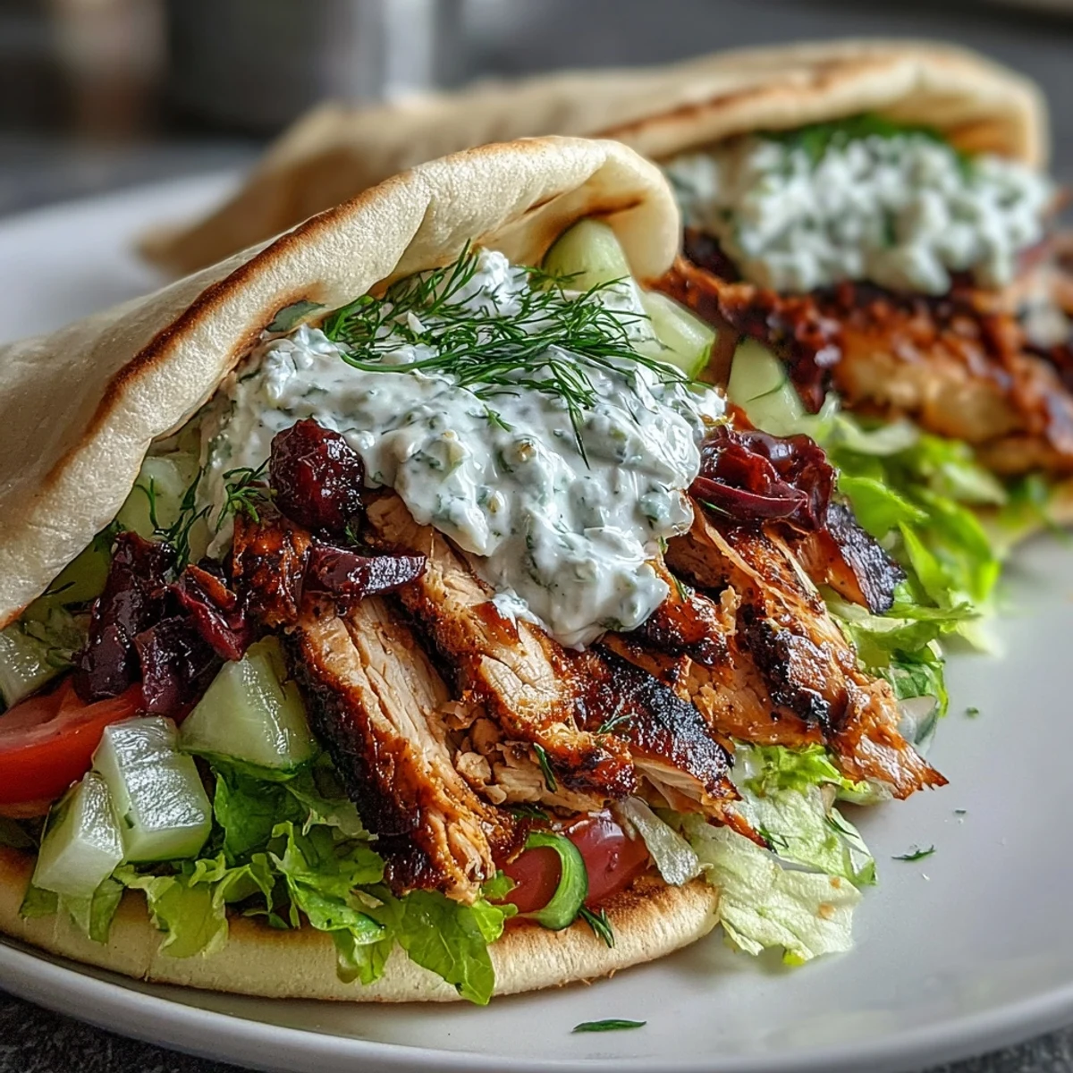 Freshly assembled Mediterranean Chicken Gyros with diced tomatoes, red onion, and crisp romaine lettuce.