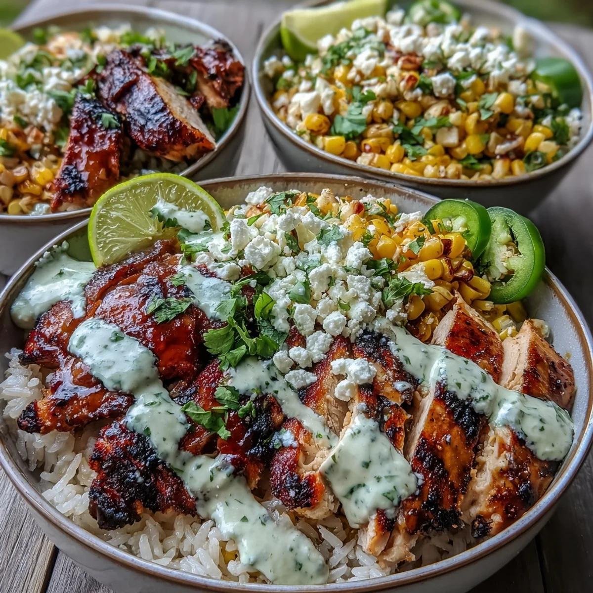 Overhead view of Street Corn Chicken and Rice Bowls, garnished with crumbled cotija cheese, fresh cilantro, lime wedges, and sliced jalapeños.