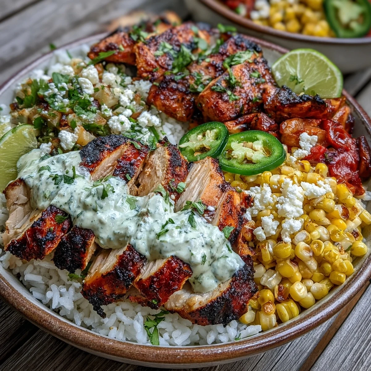 Serving platter of Street Corn Chicken and Rice Bowls with vibrant charred corn, creamy drizzle, and tender marinated chicken thighs ready to eat.