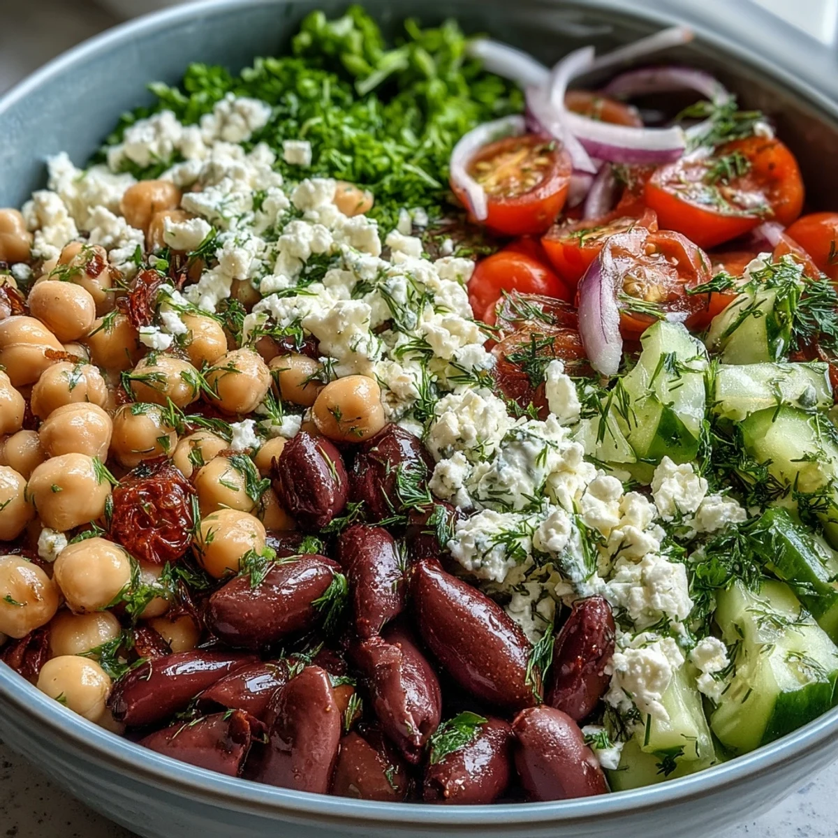 Freshly marinated Greek Bean Salad with lemon and oregano, loaded with diced cucumber, halved cherry tomatoes, and crumbled feta cheese.