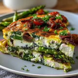 Healthy Easy Spring Veggie Frittata with fresh asparagus, spinach, and feta cheese baked until golden and fluffy.