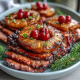 Succulent baked ham topped with caramelized pineapple slices and maraschino cherries, brushed with a honey-mustard glaze, ready to carve for Easter dinner.