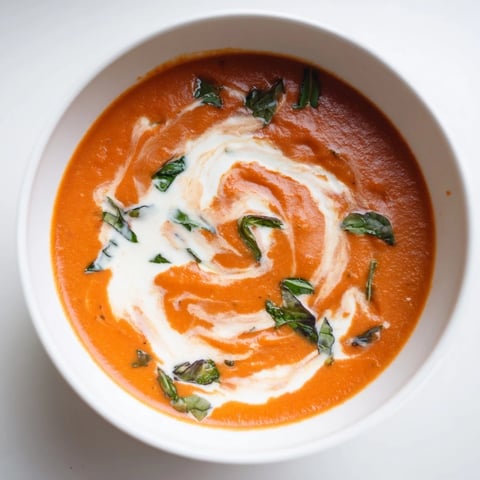 Whisked Weeknight Creamy Tomato and Basil Soup, swirled with cream and garnished with fresh basil.