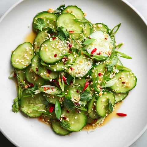 Zesty Shake Cucumber Salad with glistening cucumbers tossed in a vibrant, spicy sesame dressing.