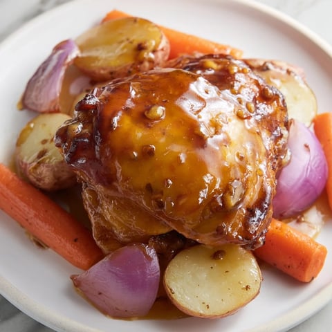 Golden, glistening Maple Dijon Chicken Thighs with roasted vegetables, a delightful sheet pan dinner for your family.