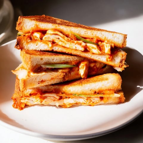 Golden, melty Gochujang Mayo Chicken Sandwich grilled cheese, oozing with spicy chicken and cheese.