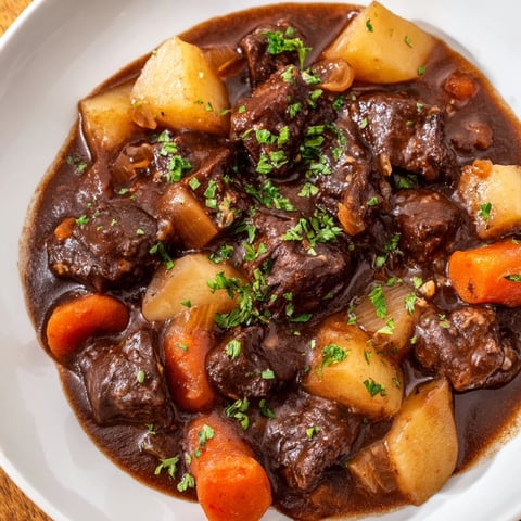 Tender Irish beef stew with soft potatoes and carrots, perfect for a cozy, cold evening meal.