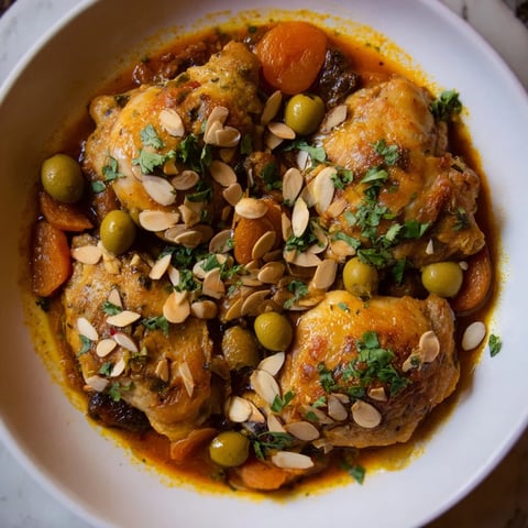 Golden-brown Moroccan Tagine Chicken simmering with sweet apricots and fragrant spices in a Dutch oven.
