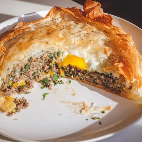 Crispy golden Tunisian Brik pastry with a runny egg center, a delightful appetizer.