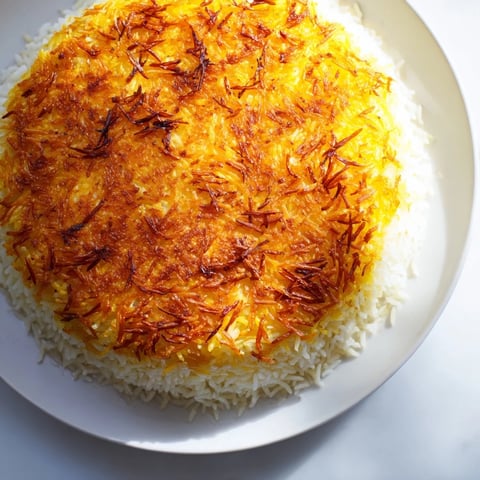 Golden, crispy Persian Tahdig rice with a caramelized crust ready to serve. 