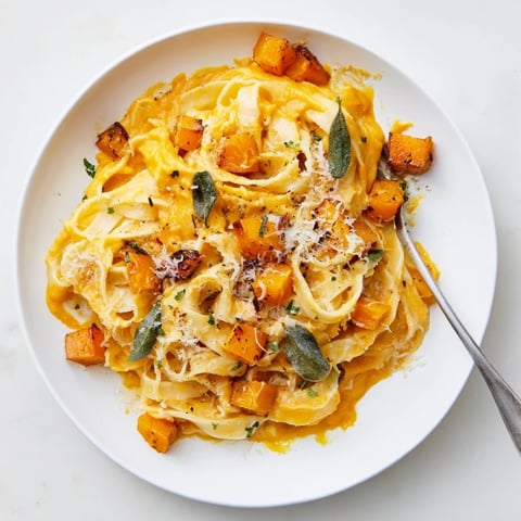 Creamy butternut squash pasta fettuccine in a velvety roasted sauce, garnished with fresh parsley on a rustic wooden table.