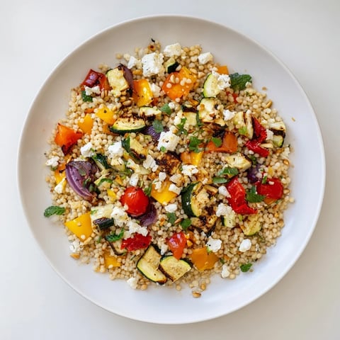 Vibrant roasted vegetable couscous salad with zesty lemon dressing and fresh herbs.