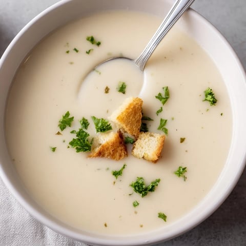 A bowl of roasted garlic soup garnished with fresh parsley, showcasing a rich, creamy texture from the blended potatoes and roasted garlic cloves.  