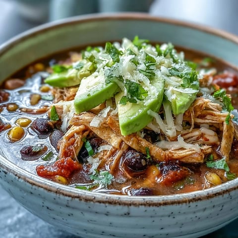 A bowl of Instant Pot Chicken Tortilla Soup topped with avocado, cheese, and crispy tortilla strips.