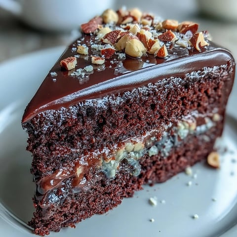 Freshly baked Chocolate Celebration Cake layered with silky ganache and crunchy hazelnut praline on a rustic wooden table.