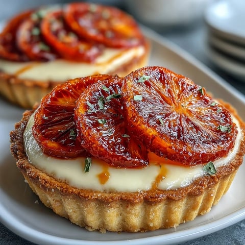 Close-up of a Blood Orange Tart showing crisp, golden-brown crust with silky vanilla custard and vibrant red-orange citrus segments.