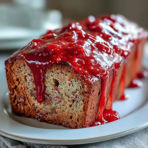 Freshly baked Blood Orange Loaf Cake with poppy seeds and marzipan, glazed and sliced to reveal a moist, ruby-red crumb.