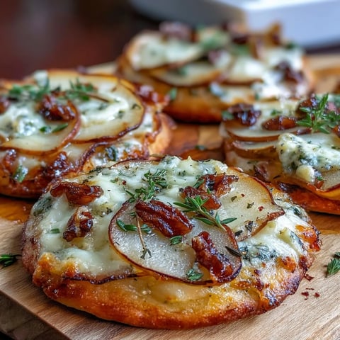 Twelve golden mini pizzas topped with sweet pears, crumbled Gorgonzola, and sliced pickled walnuts, finished with fresh thyme on a baking tray.