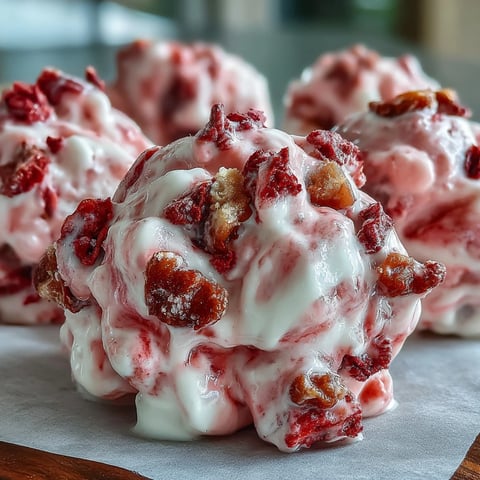 Frozen Strawberry & Banana Yoghurt Clusters on a baking sheet with extra fruit scattered around.