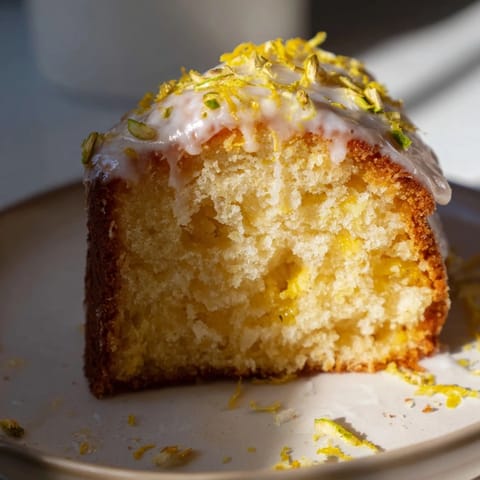 A close-up of a delightful Glazed Lemon Poppy Seed Cake, showcasing its tender crumb and sugary glaze.