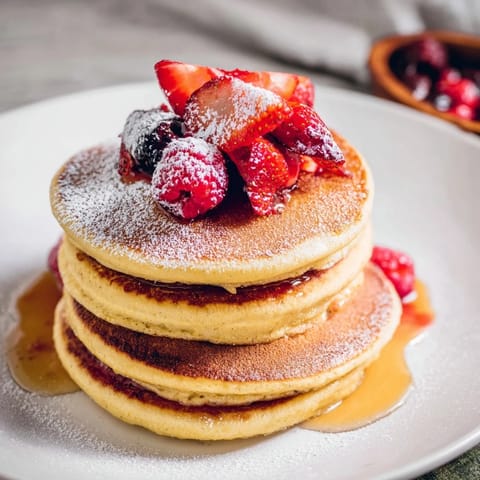Golden, perfectly cooked fluffy ricotta pancakes topped with fresh berries, ideal brunch treat.