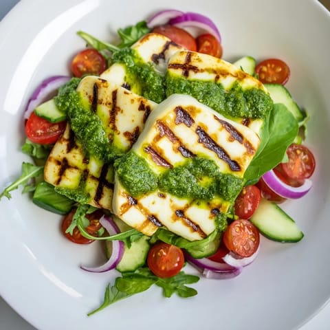 A bright plate displays grilled halloumi cheese alongside a flavorful pesto and garden greens.