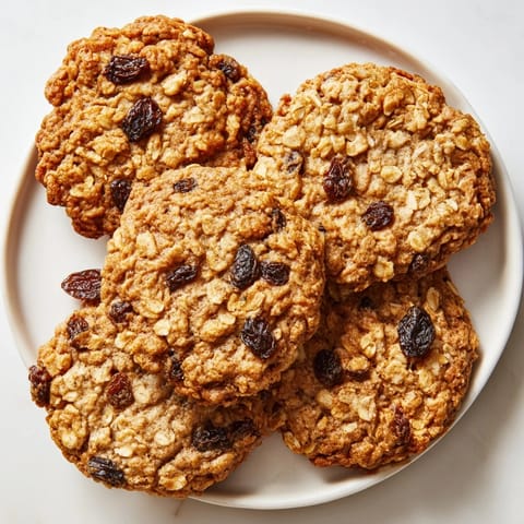 A close-up of warm, soft chewy oatmeal raisin cookies studded with juicy, plump raisins.