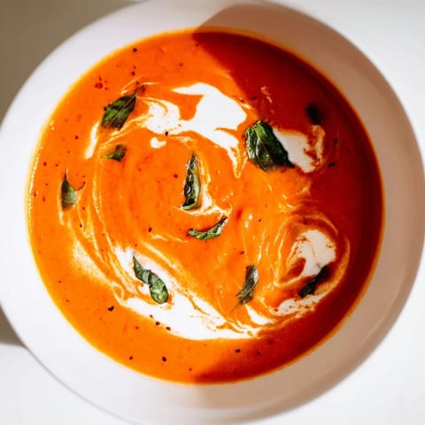 A steaming bowl of Whisked Weeknight Creamy Tomato and Basil Soup, ready to be enjoyed.